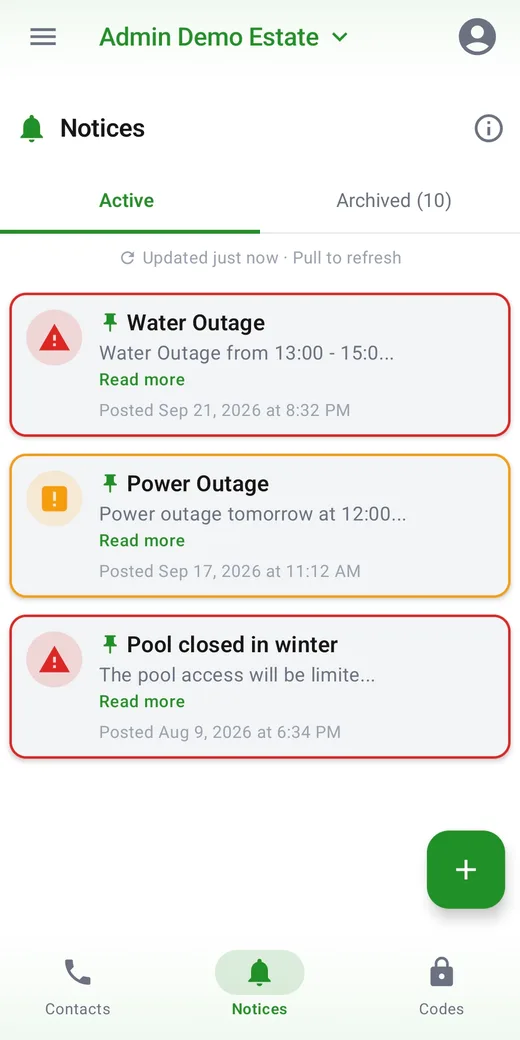EstateNotice app on a phone, showing an estate's active notices: a water outage, a power outage and the pool closed for winter.
